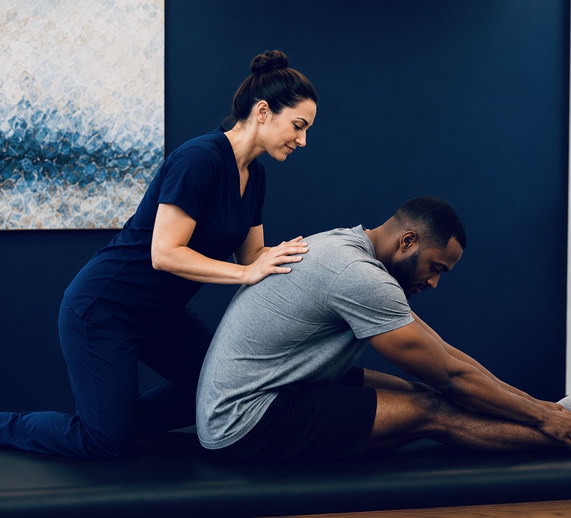 A TRUForm provider guiding a patient through a guided spinal mobility exercise at Texas Functional Health Centers in Dallas, TX