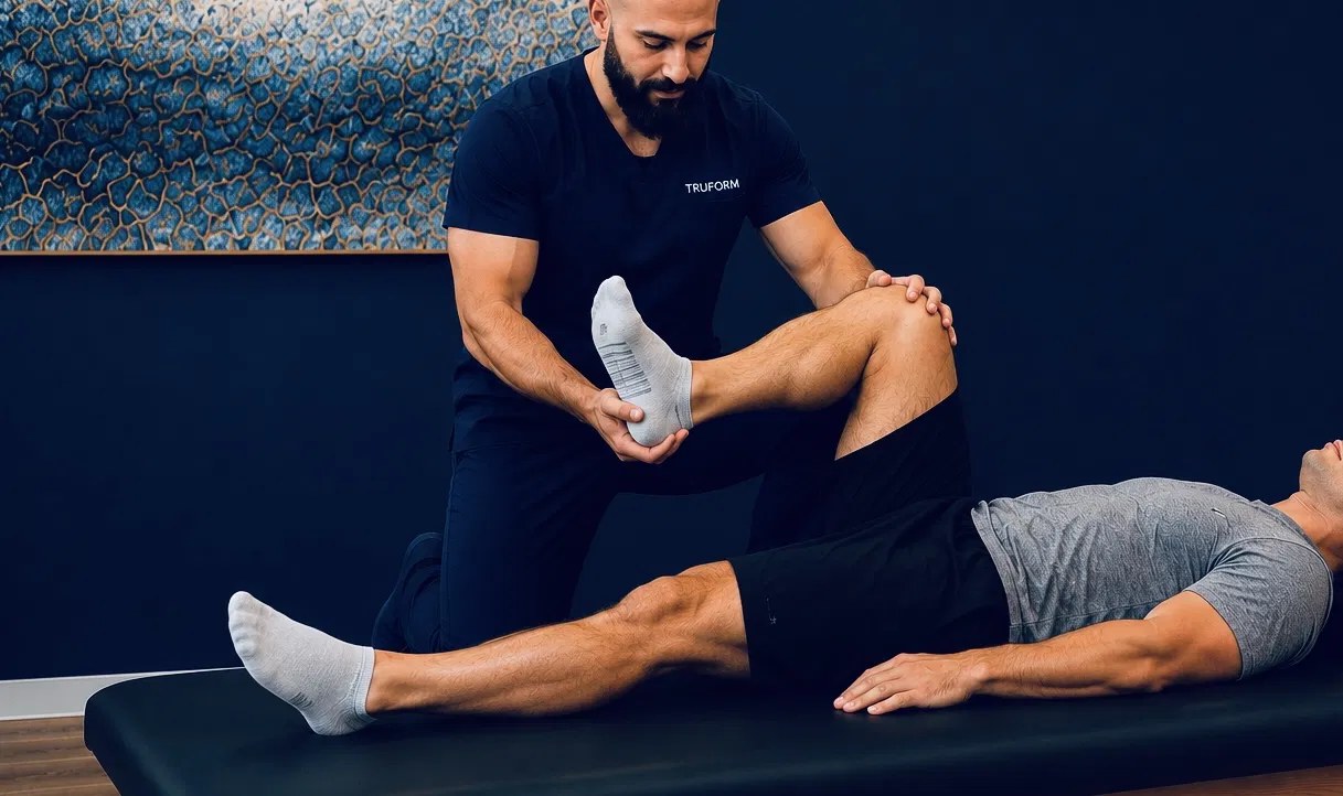 A TRUForm provider performing a straight-leg-raise assessment on a patient's leg at Texas Functional Health Centers in Dallas, TX