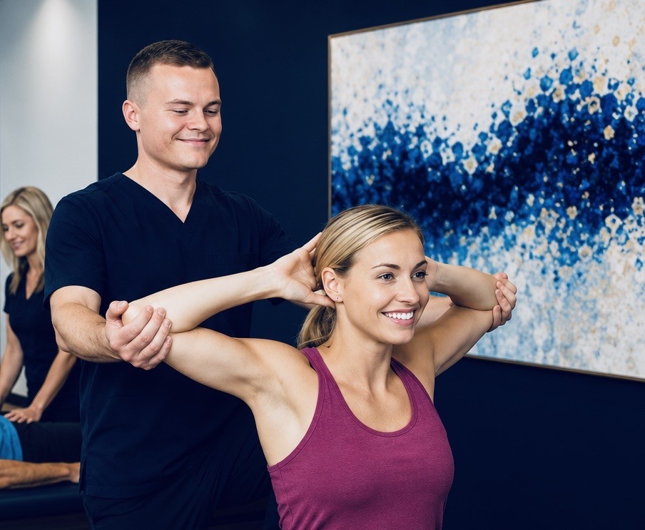 A TRUForm provider guiding a patient through a shoulder and upper-back stretch at Texas Functional Health Centers in Dallas, TX