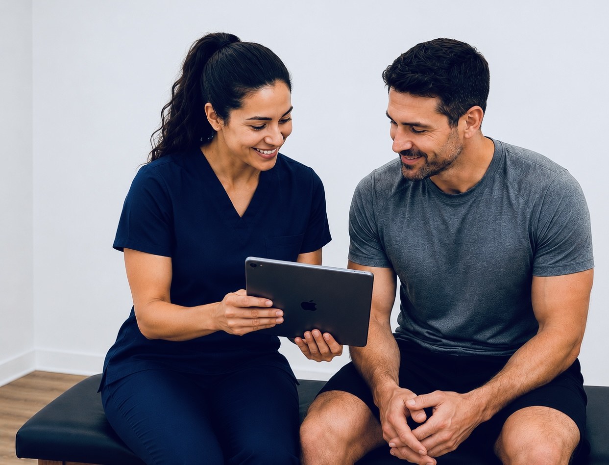 A TRUForm provider reviewing a new patient&rsquo;s findings on a tablet during their first visit at Texas Functional Health Centers in Dallas, TX