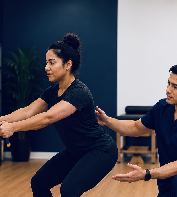 A patient performing a guided squat during TRUForm progressive rehab at Texas Functional Health Centers in Dallas, TX