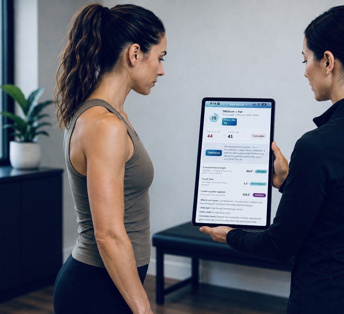 A TRUForm provider reviewing a patient&rsquo;s TRUScan posture and movement report on a tablet at Texas Functional Health Centers in Dallas, TX